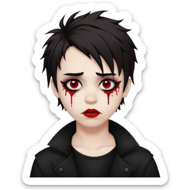 Laughing pale Goth boy with a bunch of face piercings, with shaggy dark brown hair, and messy black eyeliner , smudged, red, lipstick  sticker