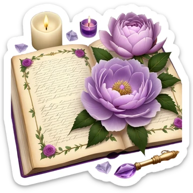 An antique botanical journal with golden-edged pages, filled with meticulously pressed lilac roses, ice violet peonies, and amethyst dahlias, lies open beneath the soft glow of candlelight, its delicate illustrations and handwritten notes whispering stories of forgotten gardens as a pearl butterfly gently perches on its weathered cover. sticker