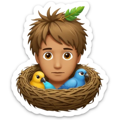 Man who has a birds nest on top of his head for hair sticker