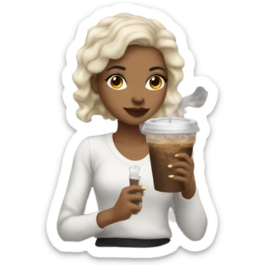 light skin girl with dark hair smoking and holding an iced coffee sticker