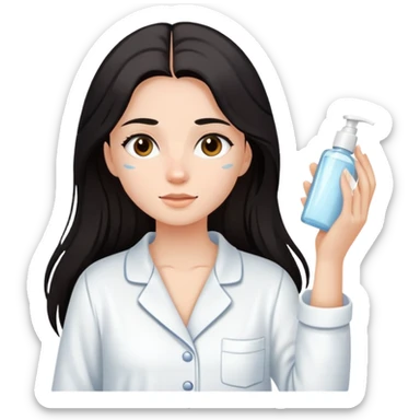 Girl with dark long hair doing skincare in a white Pyjama sticker
