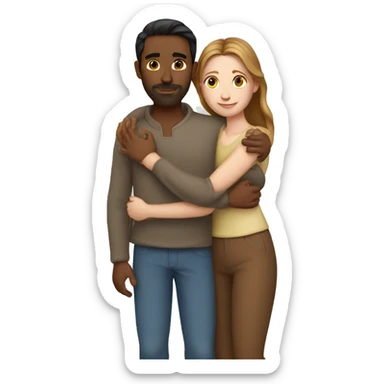 Couple hug, white woman with brown hair and Indian man with fair skin sticker