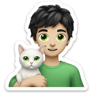 pale boy with black hair holding a cat with green eyes sticker