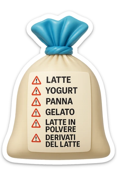 SU QUESTO STILE FAI UN EMOJI STILE IPHONE 3D DI UNa busta di mozzarelle con ETICHETTA CON GLI INGREDIENTI SCRITTI, "latte, yogurt, panna, gelato, latte in polvere, derivati del latte." accanto ad ogni nome scritto mettici un segnale di allarme, FALLO MOLTO REALISTICO IN 3D sticker