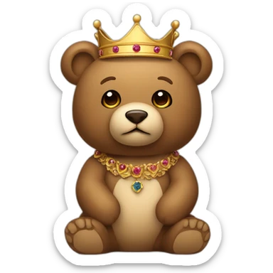 Teddy bear sitting in kings thrown wearing a crown sticker