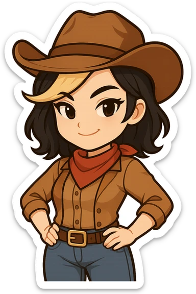 Chibi cowgirl with slightly longer hair and a blonde streak, wearing a cowboy hat and western outfit, no guns, chibi/anime style, transparent background, sized for Twitch or Discord use. Pose: hands on hips, smirking expression. sticker