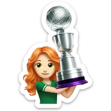 A beautiful orange haired girl with sparkly green eyes holding a purple Stanley cup sticker