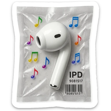 single white EarPod with scattered tiny rainbow glass music notes, glossy sticker