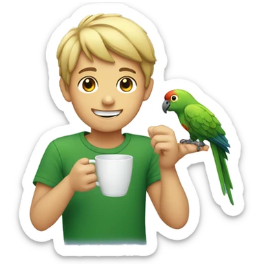 smiling boy with parrot cup with less fingers sticker