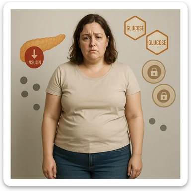 Realistic 38-year-old woman, slightly overweight, fat on abdomen and face, in a neutral environment. Expression tired and frustrated. Around: stylized pancreas with low insulin icon, glucose molecules, cells with closed padlocks. Realistic style with medical symbols. sticker