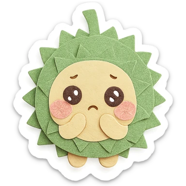 chibi style soft fluffy durian character, round, green spiky shell, yellow flesh, blushing, shy, sparkly eyes, pastel palette, full-body sticker