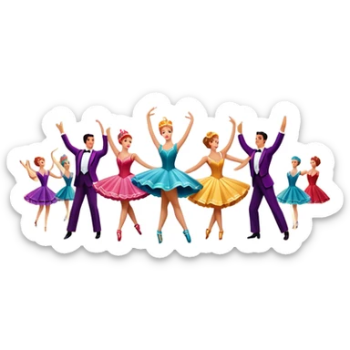 Icon for Musical Movie: A vintage movie poster-style design with a lively, colorful scene—dancers in glamorous costumes, bright lights, and musical notes floating in the air. Include elements like a grand stage, a spotlight, and instruments. Retro cinematic feel. Transparent background. sticker