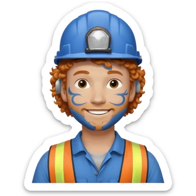 construction worker man ginger curly hair, blue helmet and face tattoo sticker