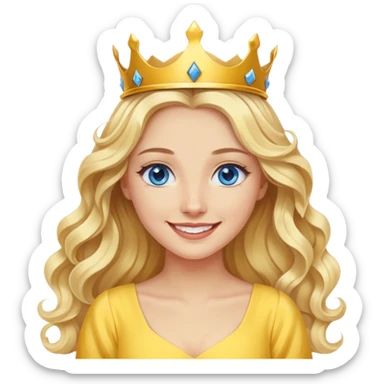 blonde woman, blue eyes, long wavy hair, smiling wearing a yellow dress and a small crown on her head  sticker