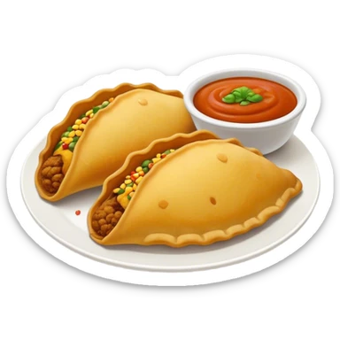 Cinematic Realistic Colombian Cornmeal Empanadas Emoji, showcasing the golden, crispy shell filled with savory meats and spices, served with a side of aji dipping sauce, rendered with vibrant textures and warm, inviting lighting. sticker