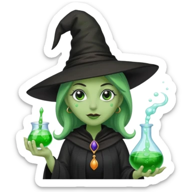Witch with Green Skin – long-nosed witch in black hat holding potion sticker