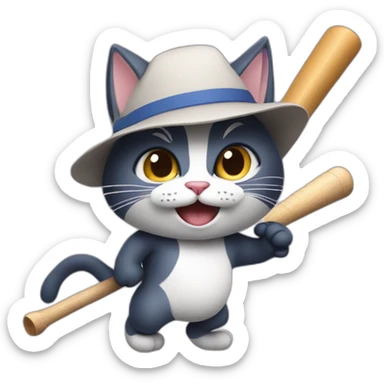 A cat wearing a silly hat, swinging meacingly a baseball bat sticker