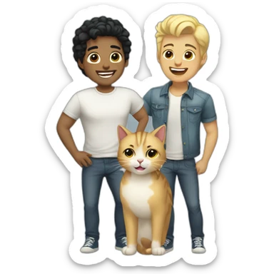 Gay couple, 1 Latino black hair, the other one Australian blonde hair with a cat in the middle laughing full body sticker