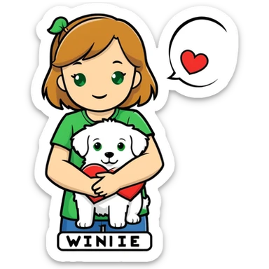 Girl with light brown hair and green eyes holding white fluffy dog with tag that says Winnie Jane in a heart sticker