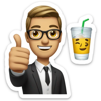 a 25-30 year old man with commahair style hair wearing glasses and giving a thumbs up with a sip sign sticker