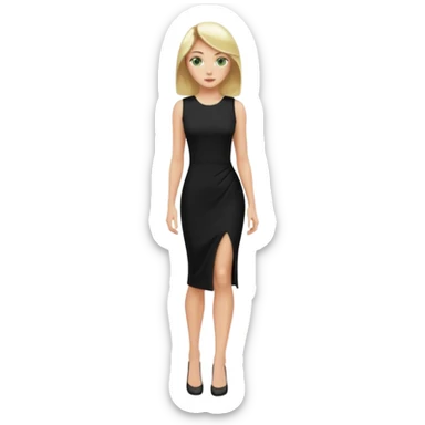 Blonde woman, Green eyes,Long black tight sleveless Dress, Slot left leg sticker