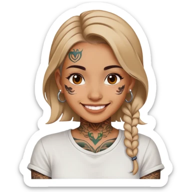 girl with face tattoos, smiling, wearing a shirt sticker