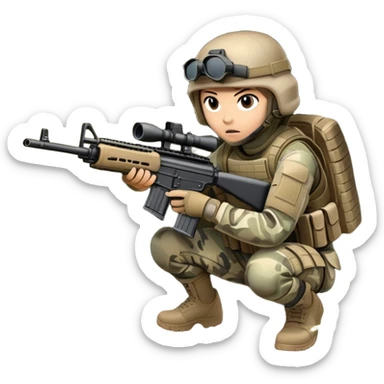 A tactical player in camouflage gear, crouched behind cover with a rifle aimed, ready for action. The scene is set in an outdoor field, with strategic obstacles and soft sunlight, conveying the intensity and teamwork of a competitive airsoft match. sticker