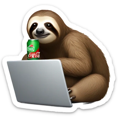 tired sloth with coca cola can and laptop sticker