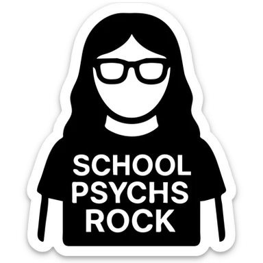 Create a modern icon-style image of this person wearing a t-shirt that says 'school psychs rock'. The design should be simple and bold with clear text, minimal details, and a modern icon aesthetic. sticker