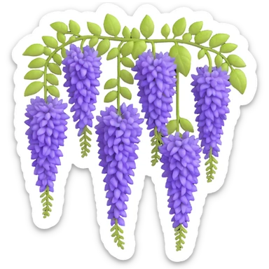 Realistic hanging wisteria racemes with detailed grape-like clusters of lavender flowers cascading downward, accompanied by light green compound leaves sticker
