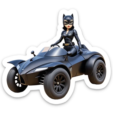 Rc toy with aerodynamic sexy fenders on Catwoman’s buxom attractive armored midnight-colored tight outfit from tv series style dark knight movie stealthy accurate sporty safe deluxe off-road fast pursuit prototype concept car (black hair, sitting back but driving aggressively) secret rally car sticker