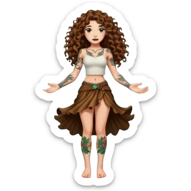 full body view of a woman with long curly brown hair, brown eyes, white skin, tattoos, shrugging with dramatic forest magic burst sticker