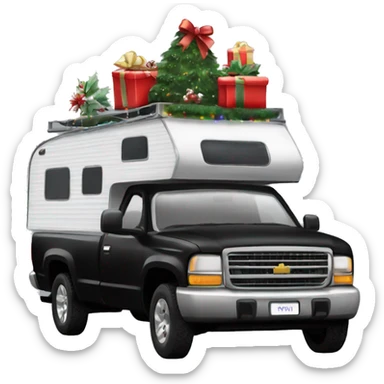 Black pickup truck with an camper attached with Christmas lights and decorations sticker