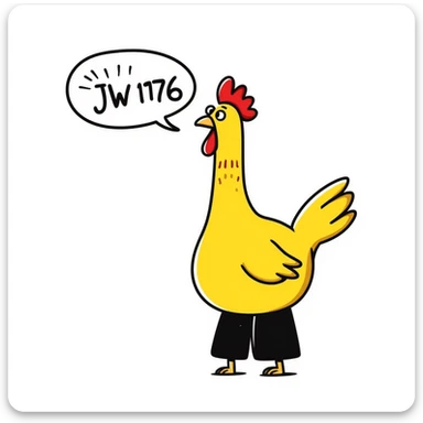 shouting yellow long neck chicken with the words 'JW 1776' in a speech bubble sticker