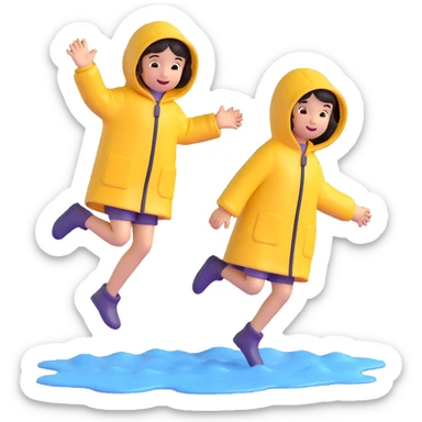 two children in raincoats jumping in a puddle, emoji style sticker