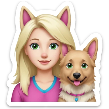 White European young woman with blue-green eyes and long blond hair with 1 pink streak in her hair with her white German Shepherd dog with pink nose and short fur sticker