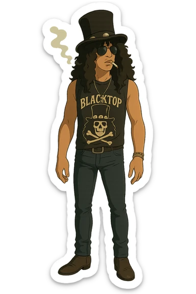 the full body of a rock star smoking a cigarette that looks like slash from guns and roses sticker
