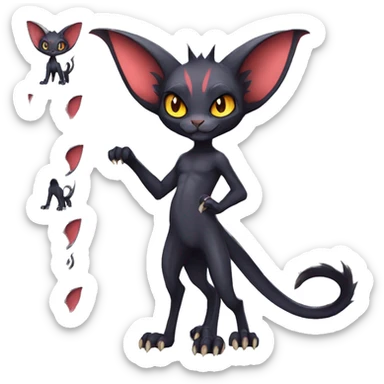 Black cool vampiric Noivern-Litten-Sphynx-Lykoi-Caracal-Fakemon with big bat ears full-body sticker