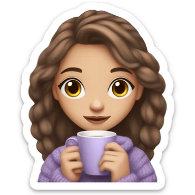 Cute girl with long brown hair, long lashes in lavander cozy sweather with coffe in hands sticker
