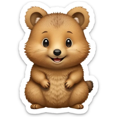 cinematic-quokka-realistic-full-body-standing on its hind legs hunched over-emoji,-small-round-frame-balanced-on-tiny-strong-hind-legs,giant fluffy cheeks large smile-fluffy-brown-fur-radiating-a-warm-softness,-big-round-eyes-filled-with-joy-and-innocence,-tiny-clawed-paws-held-close-to-chest,-cheerful-smile-exuding-endearing-happiness,-simplified-yet-realistic-focused-features,-highly-detailed,-glowing-with-a-sunny-warmth sticker
