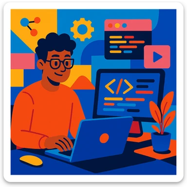 web developer coding on laptop, modern tech, creative, vibrant colors sticker