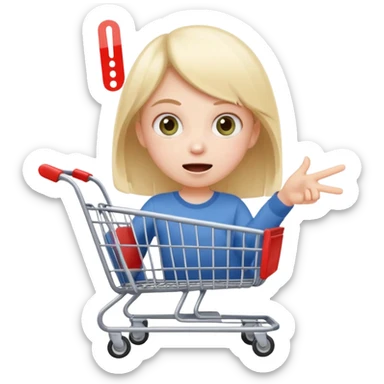 impulsive shopper: tiny face with excited eyes, finger on ‘buy’ button, small fast shopping cart with motion lines sticker