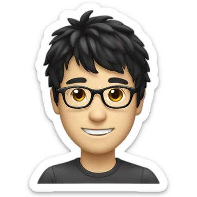 smiling white boy with black hair and bangs and glasses sticker