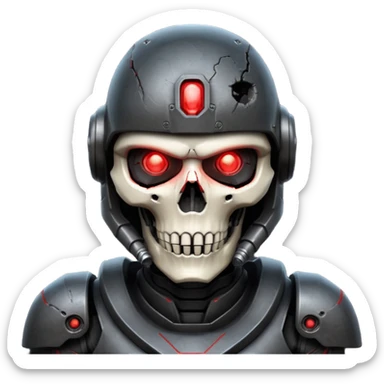 futuristic war robot portrait, head and shoulders only, skull-inspired helmet, glowing red eyes, cracked metal face, dark armor collar, battle scars, dramatic lighting, 3D cartoon, mobile game icon style, clean background, no text, no watermark
 sticker
