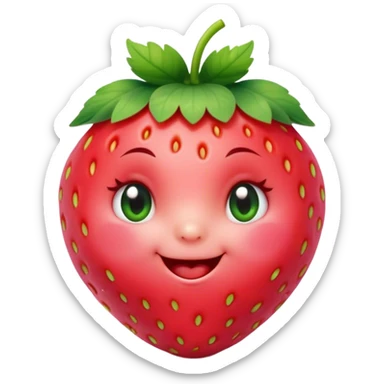 Cinematic plump happy strawberry, glossy bright red, tiny round eyes and blushing cheeks, green leafy top slightly tilted, cheerful and charming. sticker