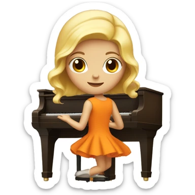 Blonde girl wearing an orange dress playing a brown upright piano sticker