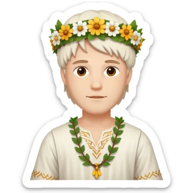 A guy with traditional clothes from midsummer festival, white tunica, flowers crown sticker
