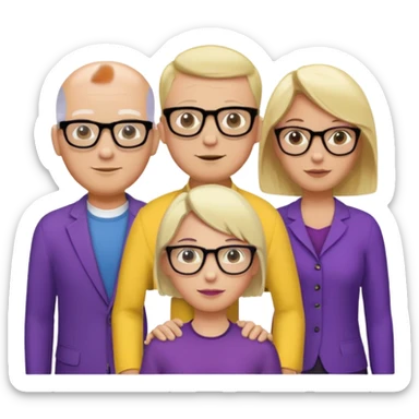 5 person team; 2 men and 3 women.  All dressed in yellow or purple.  Women have blonde and ash blonde hair.  1 man is black and bald, 1 man is caucasian and very little hair left.  All have glasses sticker