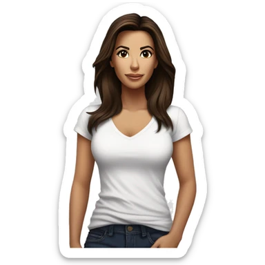 3/4 face, contrasted, shadow, light, Eva Longoria expression, standing from a distance, thin nose, brunette woman, hazel eyes, long eyelashes, dark shoulder shaded hair, white t-shirt, jeans, white sneakers sticker