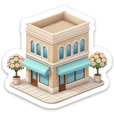 isometric exterior little beige and white shop with abundant pastel florals everywhere sticker